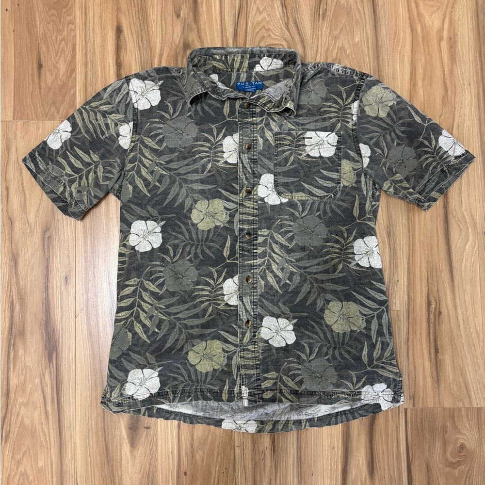 Men's Floral Short Sleeve Shirt - Green & White